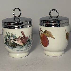 Royal Worcester Egg Coddlers Pair Bird & Fruit Porcelain England Chrome Lids 3"